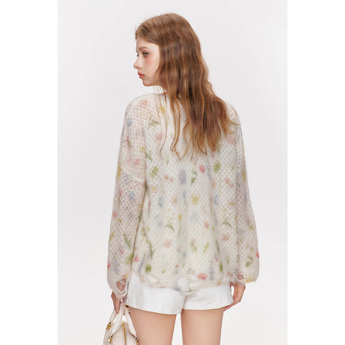 Kroche Hand-Drawn Floral Mohair Destroyed Knit Top