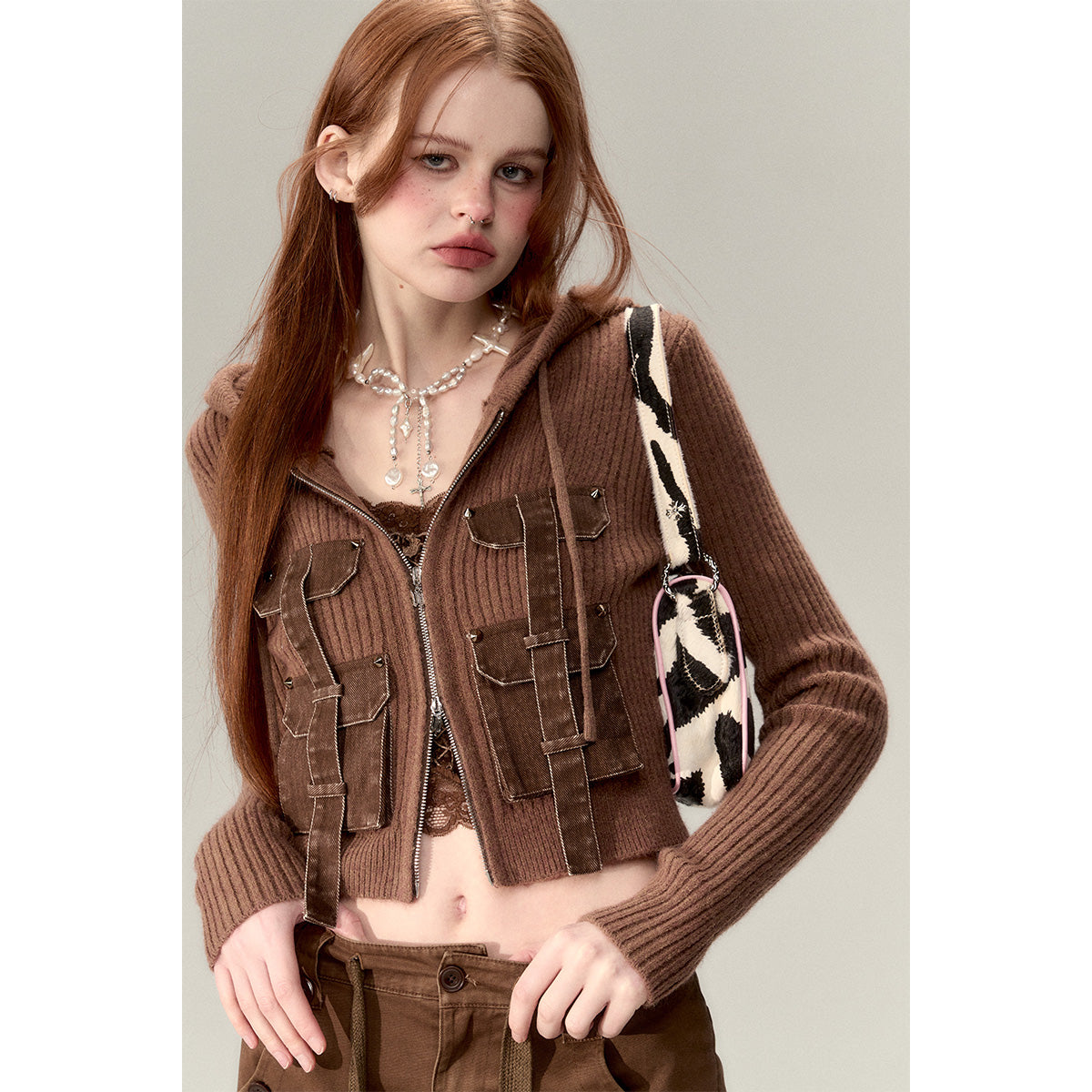 Via Pitti Pocket Patchwork Knit Zipper Cardigan Brown