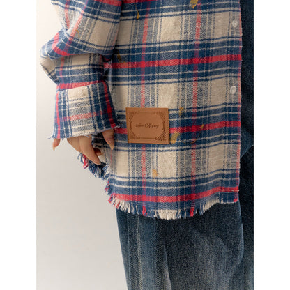 AsGony Retro Raw Edge Distressed Plaid Shirts Blue