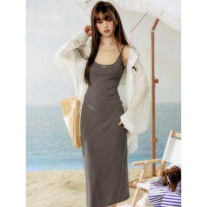 AsGony U-Neck Waisting Slim Fit Slit Long Dress Gray