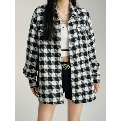 MacyMccoy Plaid Loose Versatile Shirt Jacket Black