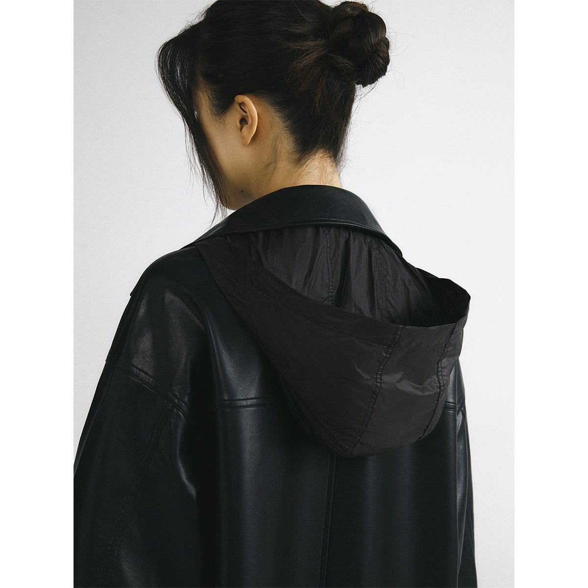 IFIK Oversized Zipper Leather Hooded Coat Black