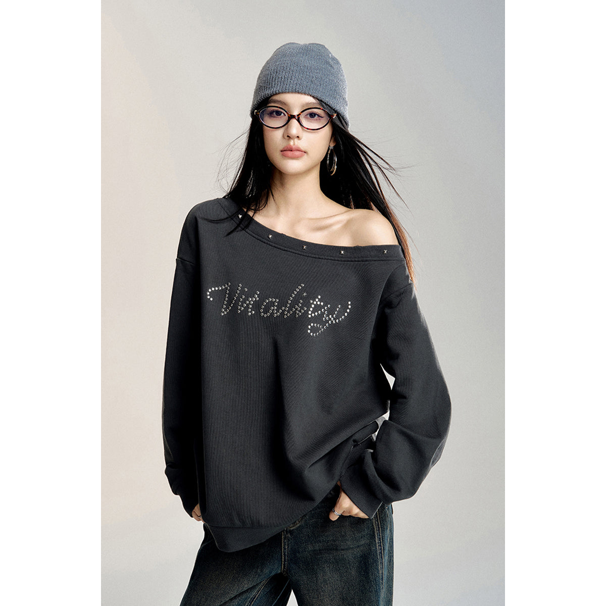 MacyMccoy Off-Shoulder Rivet Loose Sweater Top