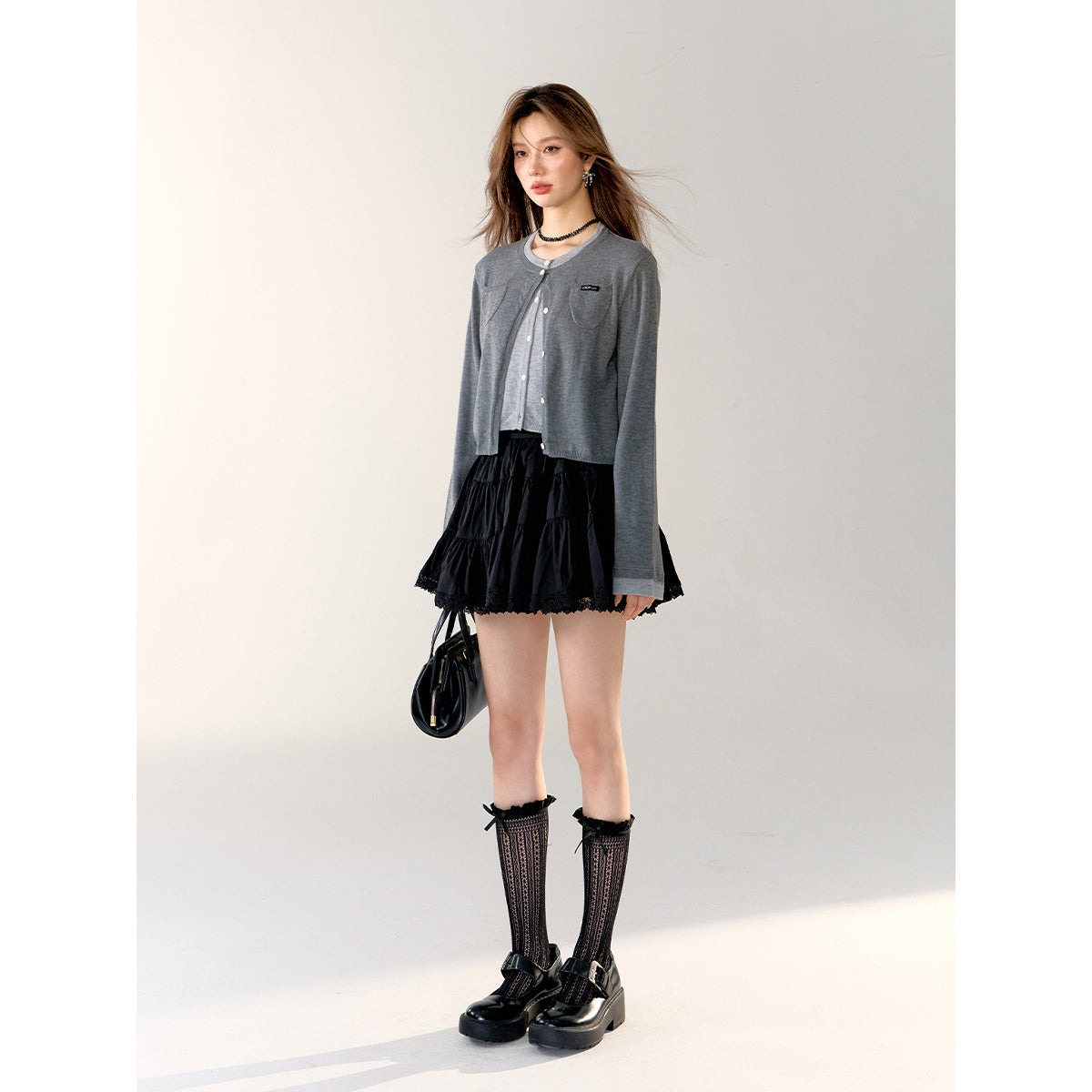 AsGony Contrast Color Fake-2-Piece Short Cardigan Gray