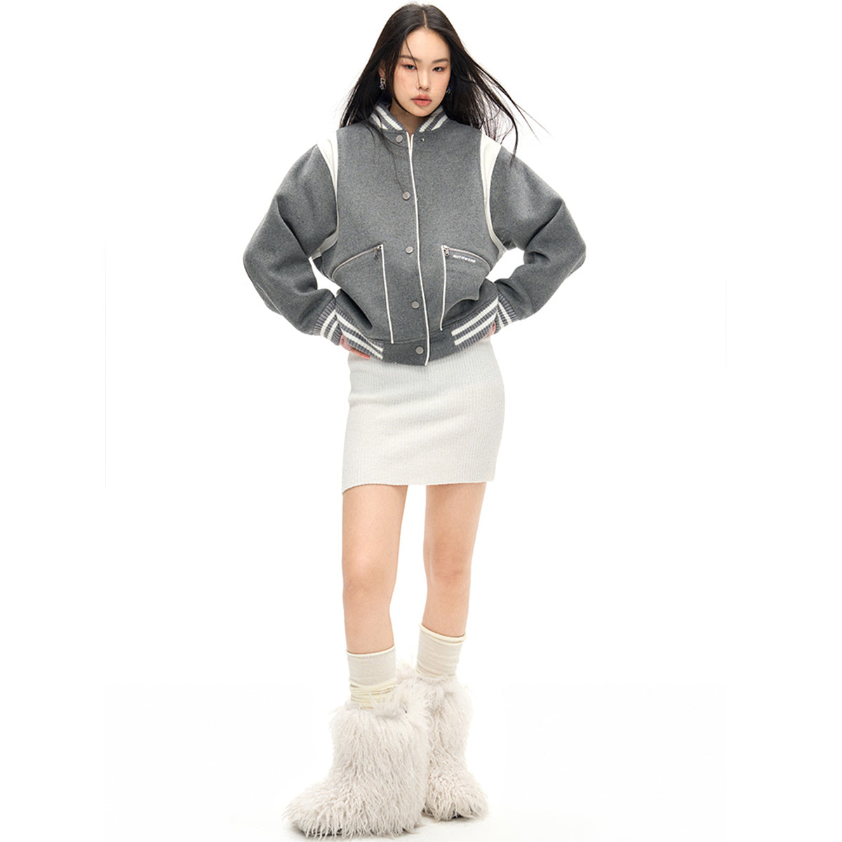 NotAwear Color Blocked Woolen Baseball Jacket Grey