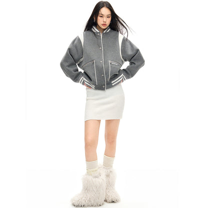 NotAwear Color Blocked Woolen Baseball Jacket Grey