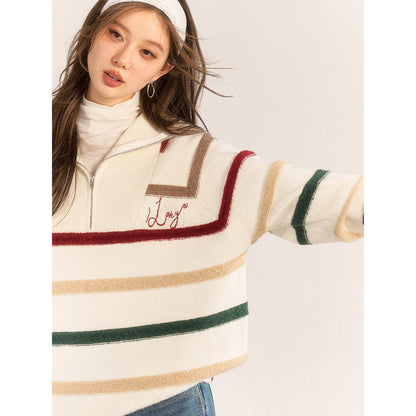 AsGony Contrast Color Striped Half-Zipped Woolen Knit Top