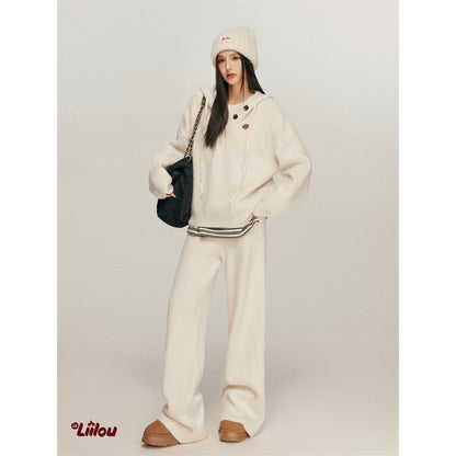 Liilou Vintage Cozy Knit Pants Cream