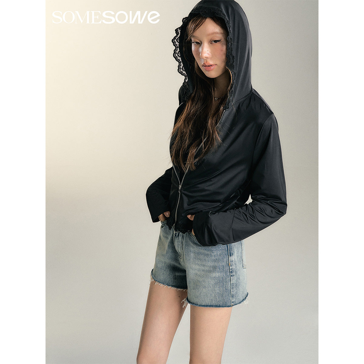 SomeSowe Lace Patchwork Hooded Jacket Black