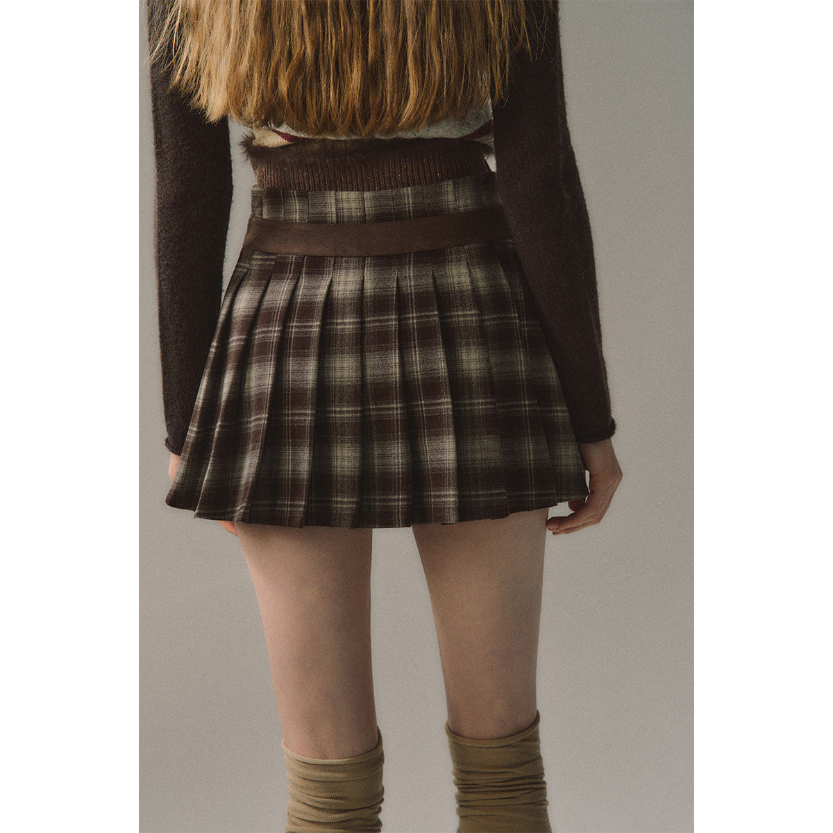 Via Pitti Rivet Suede Leather Patchwork Pleated Plaid Skirt Brown