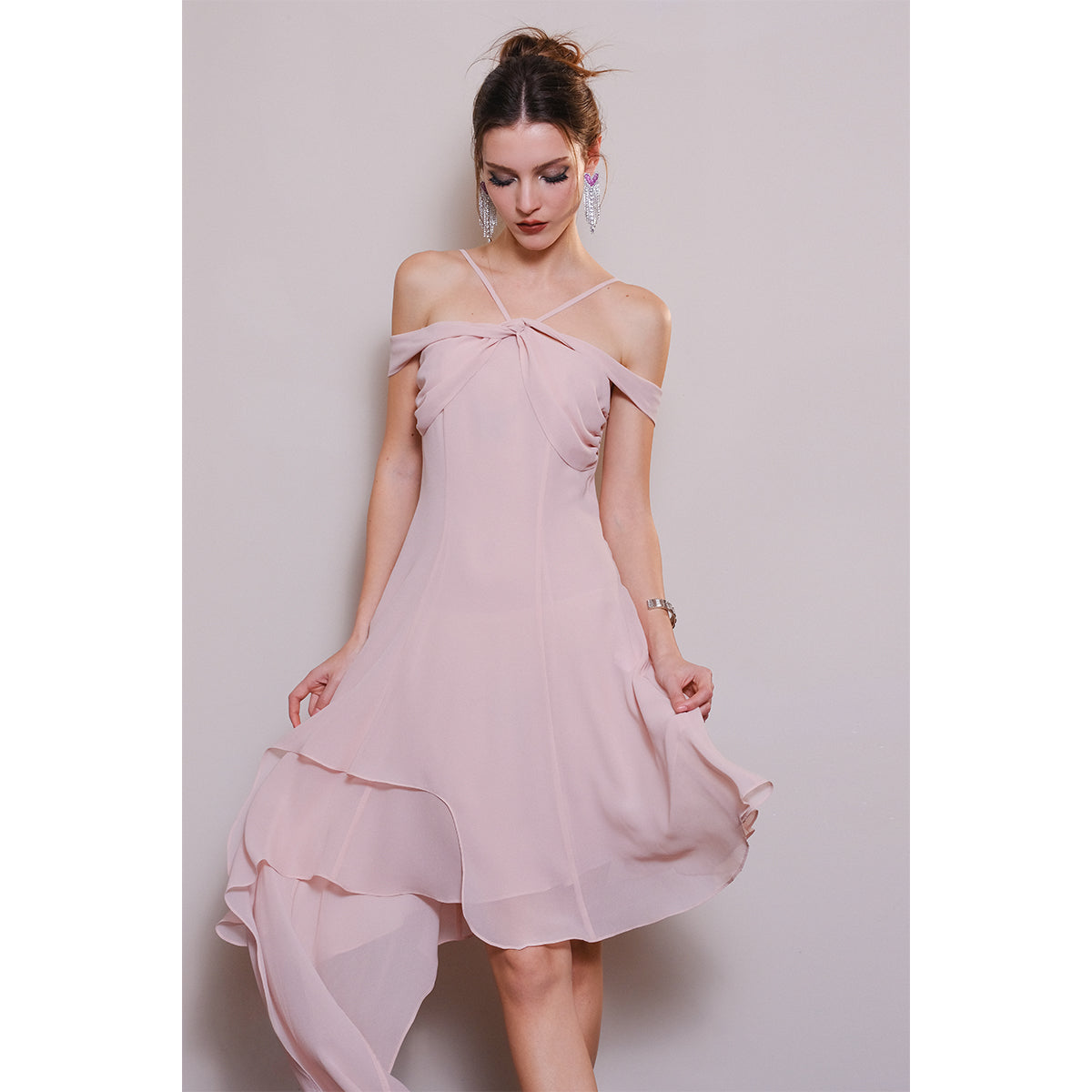 Diana Vevina Asymmetrical Hem Halter Long Dress Pink