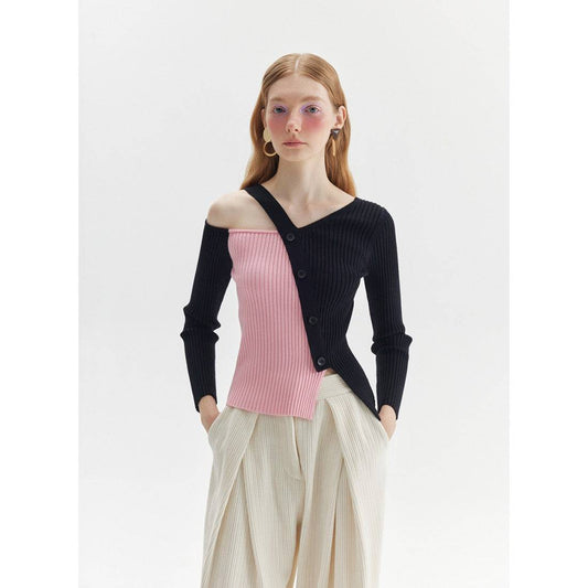 Rumia Ragu Knit Top Black&Pink