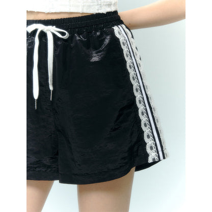 AsGony Lace Patchwork Casual Shorts Black