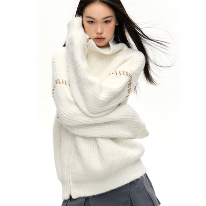 NotAwear Color Blocked Drawstring Zipper Knit Sweater White