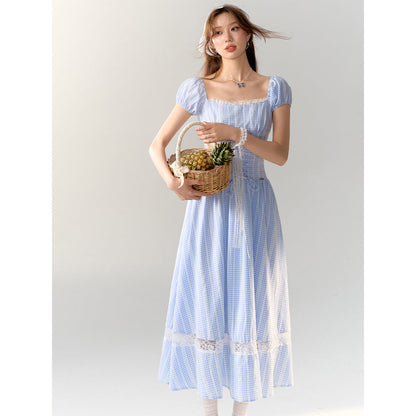 AsGony Lace Patchwork Plaid Waistline Long Dress