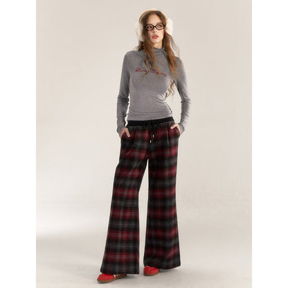 AsGony Retro Plaid Elastic-Waist Wide-Leg Pants