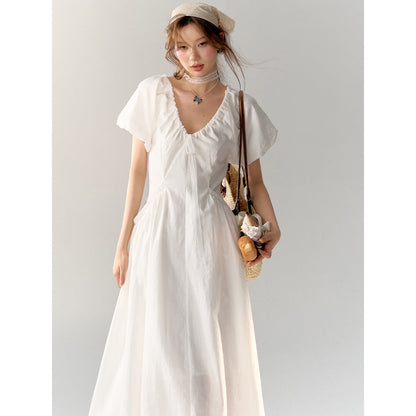 AsGony V-Neck Waisted Puff Sleeve Long Dress