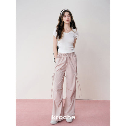 Kroche Lace Patchwork Bow Lace Up Cargo Pants Pink