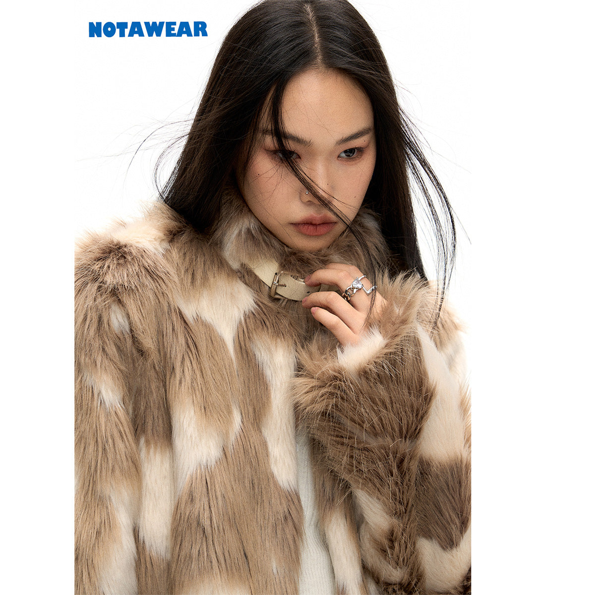 NotAwear Color Blocked Eco-Friendly Rabbit Fur Khaki