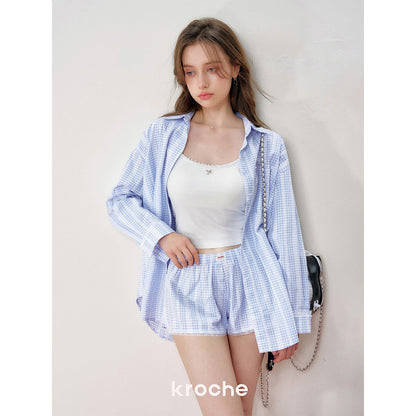 Kroche Lace Edge Patchwork Plaid Shorts Blue