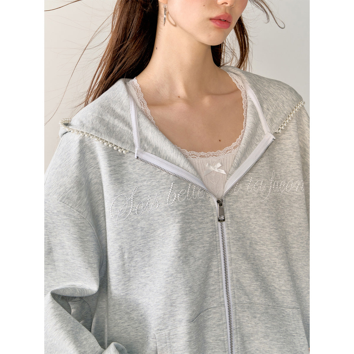 AsGony 3D Pearl Hot-Drilled Letter Zipper Hoodie