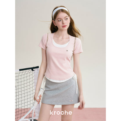 Kroche Fake-2-Piece Slim Fit Short Sleeved Top Pink