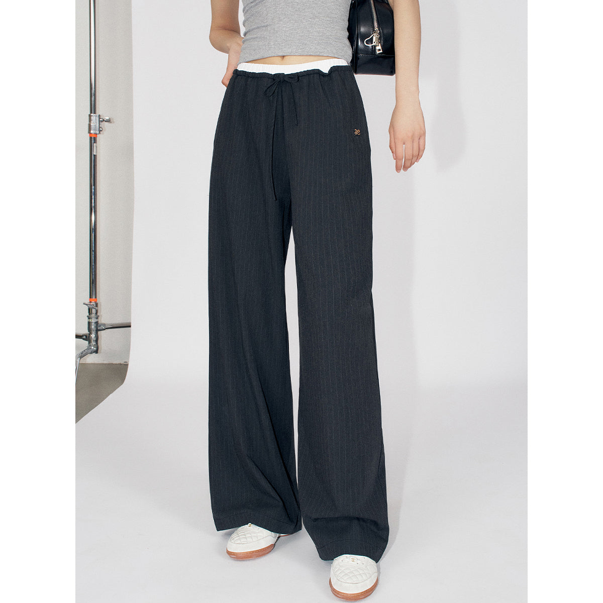 Liilou Waistband Pendant Striped Suit Pants Black