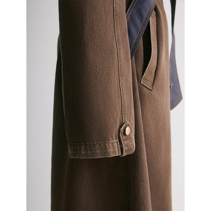 IFIK Color Blocked Long Denim Belt Coat Brown