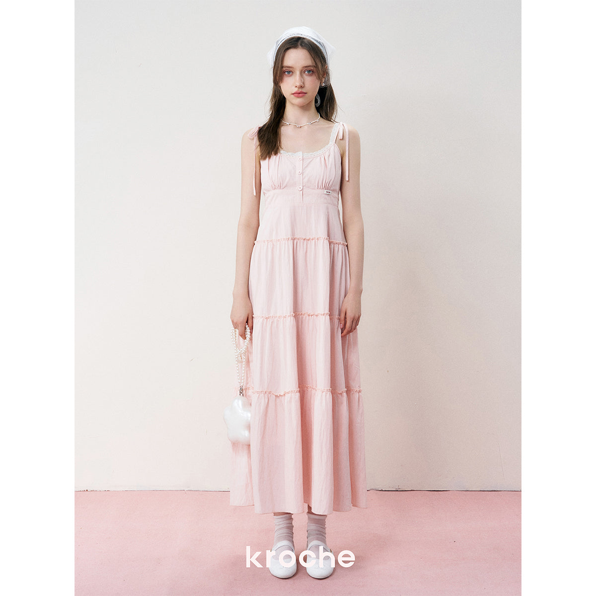 Kroche Lace Up Waisting Halter Dress Pink