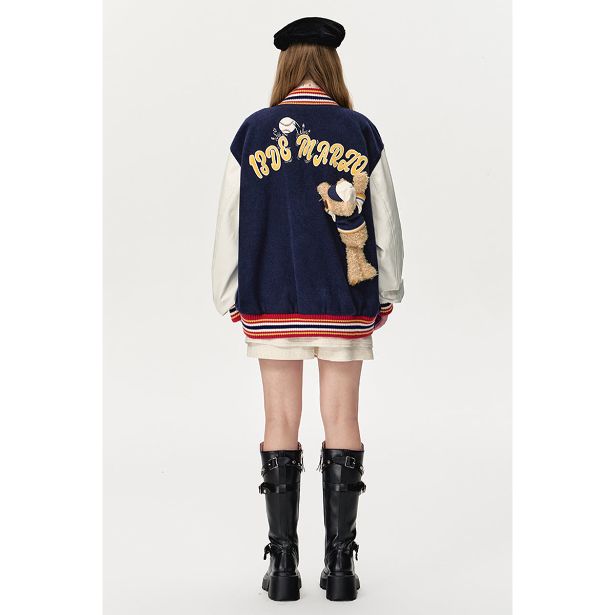 13De Marzo Color Blocked Bear Baseball Jacket Navy Blue