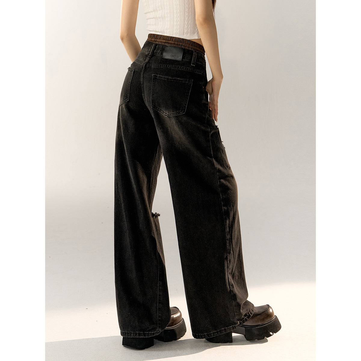 AsGony Color Blocked Gradient Ripped Wide-Leg Pants