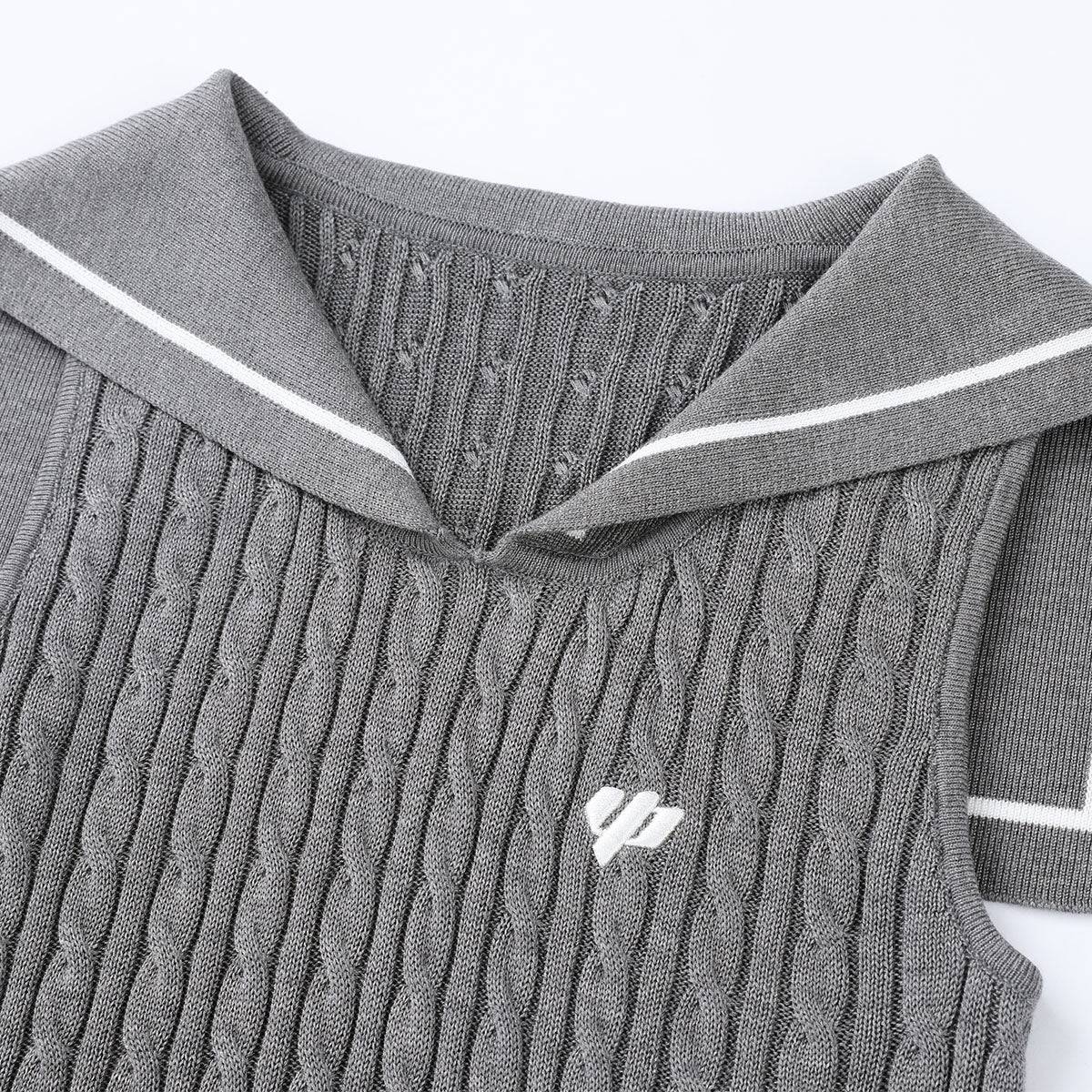 Via Pitti Embroidery Logo Sailor Collar Knit Crop Top Grey