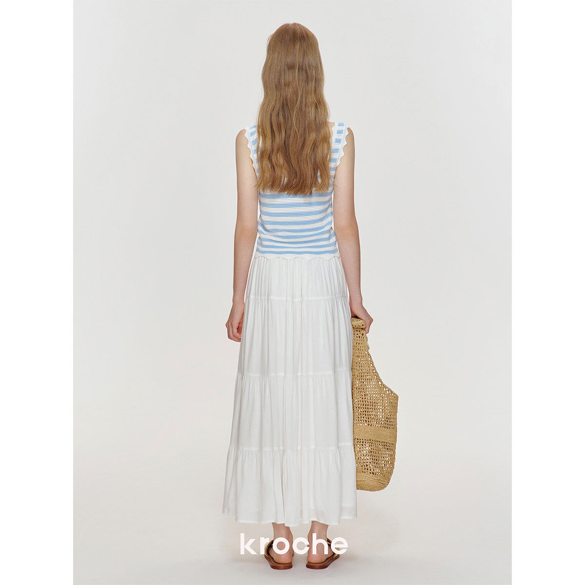 Kroche Hollow Out Striped Embroidered Knit Vest Blue