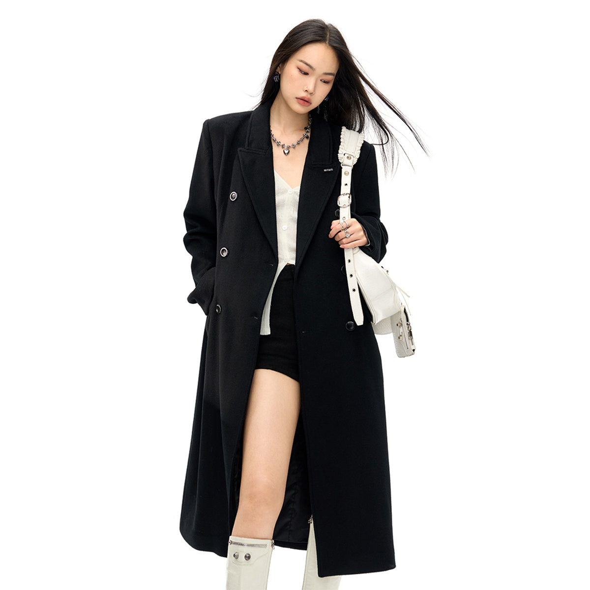 NotAwear Woolen Nipped Waist Oversized Coat Black