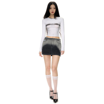 NotaWear Raw Waistline Gradient Denim Mini Skirt Black