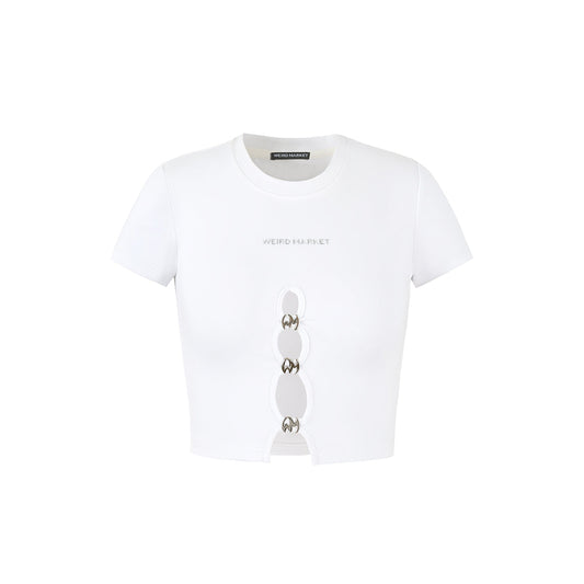 Weird Market Metal Logo Hollow-Out Knit Crop Top White