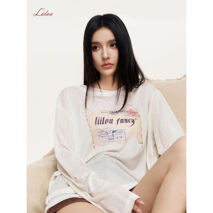 Liilou Stamp Printed Fake-2-Piece Irregular Top Cream