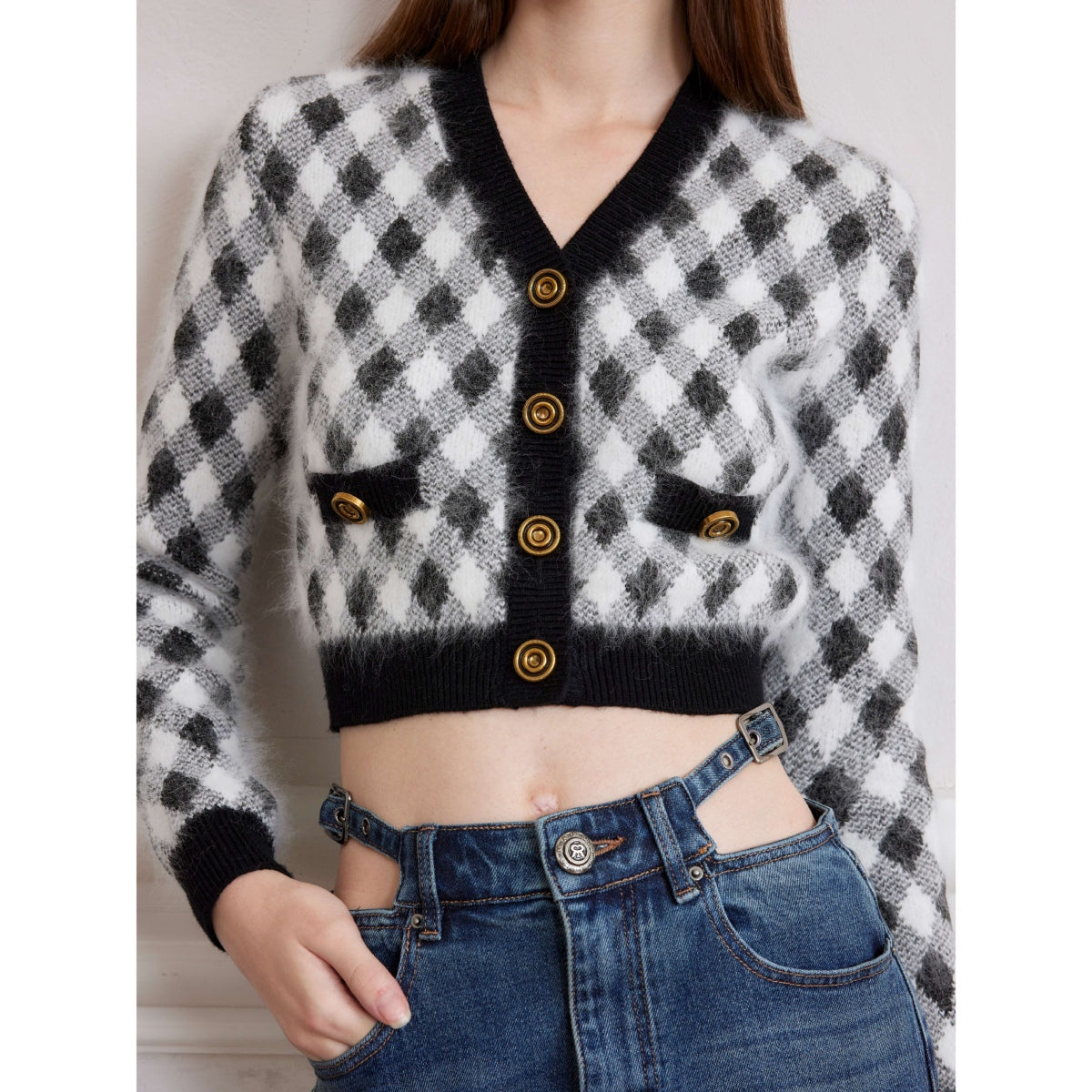 Rocha Roma Diamond Plaid Short Cardigan Black