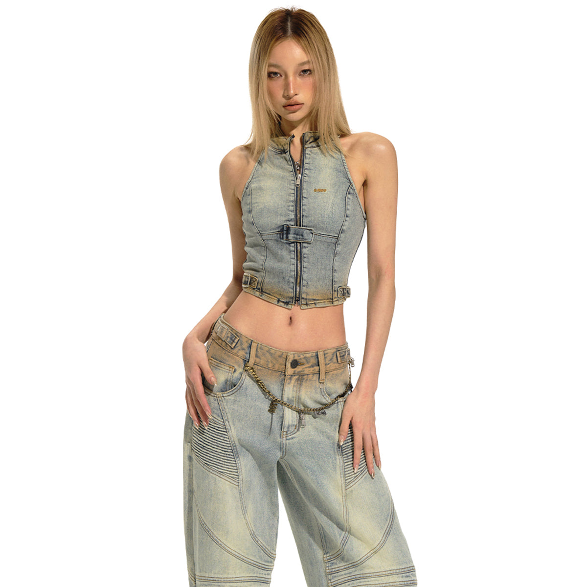 NAWS Distressed Sleeveless Halter Denim Vest