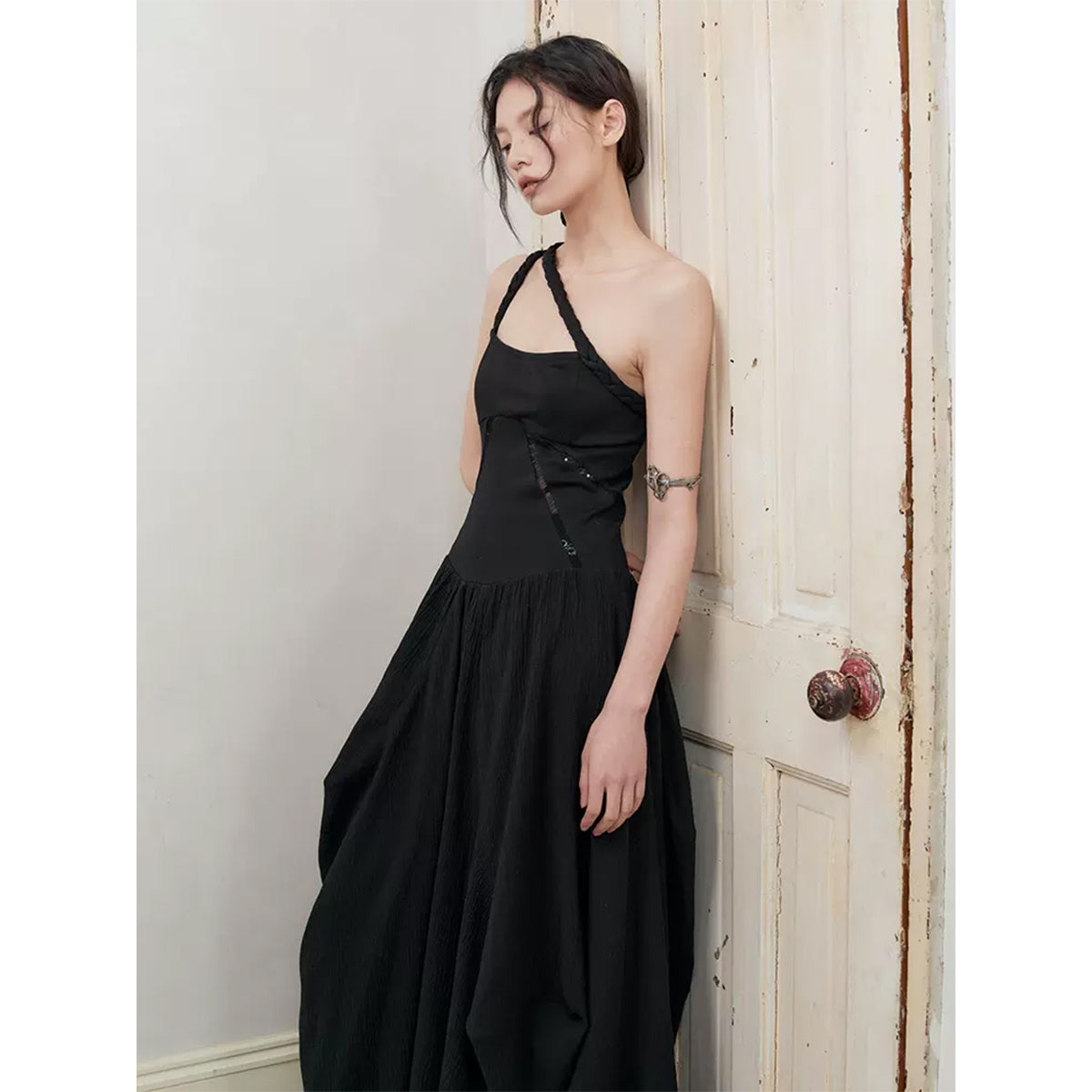 Anno Mundi Retro Stereo Bud Sleeveless Long Dress Black