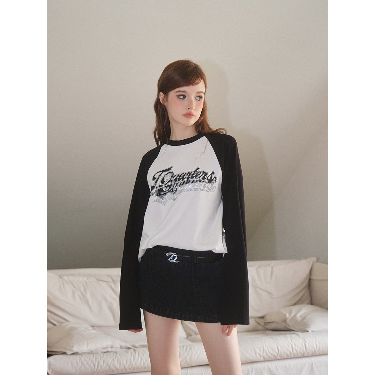 Three Quarters Hotfix Logo Raglan Sleeve Tee Black