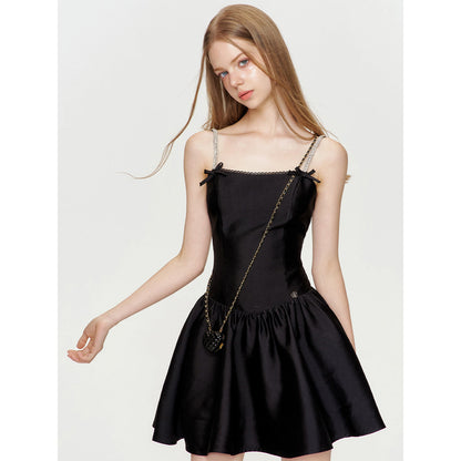 Kroche Rhinestone Drill Bow Waisted Slip Dress Black