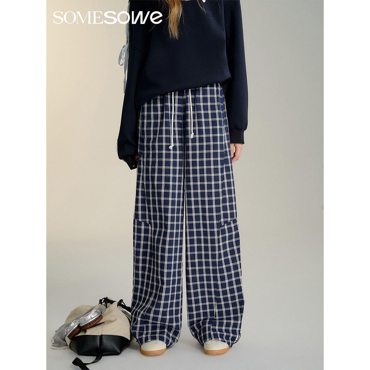 SomeSowe Drawstring Plaid Wide-Leg Pants Blue