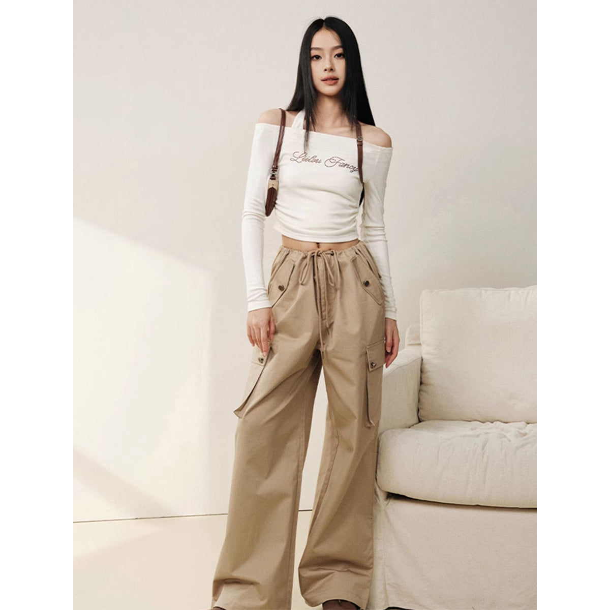 Liilou Vintage Pocket Drawstring Straight-Leg Cargo Pants