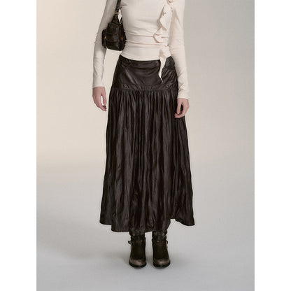 Via Pitti Rivet PU Leather Pleated Long Skirt Brown