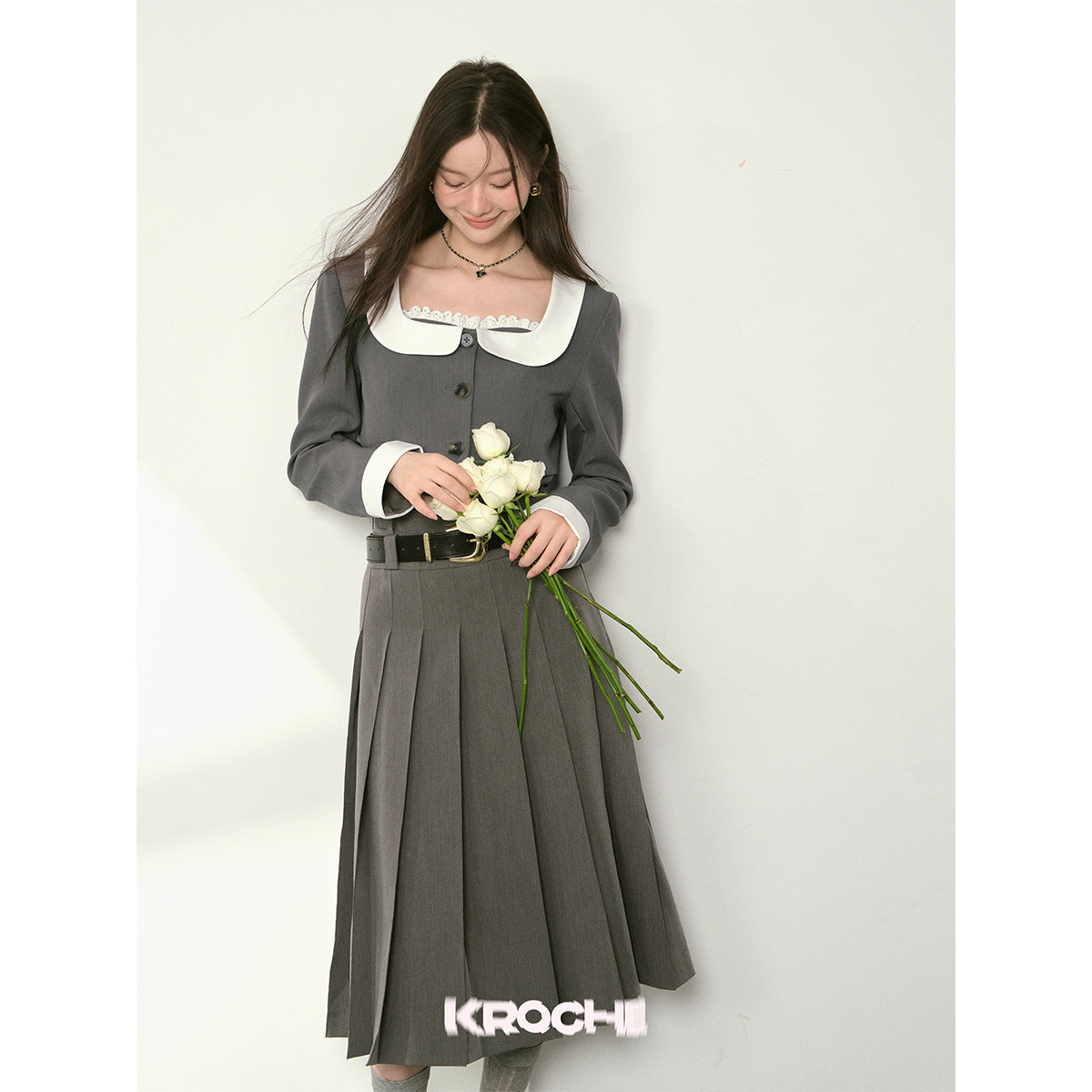 Kroche Double Waistline Pleated Long Skirt Grey