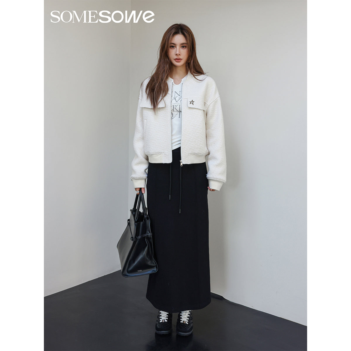 SomeSowe Star Embroidery Loop Woolen Jacket White