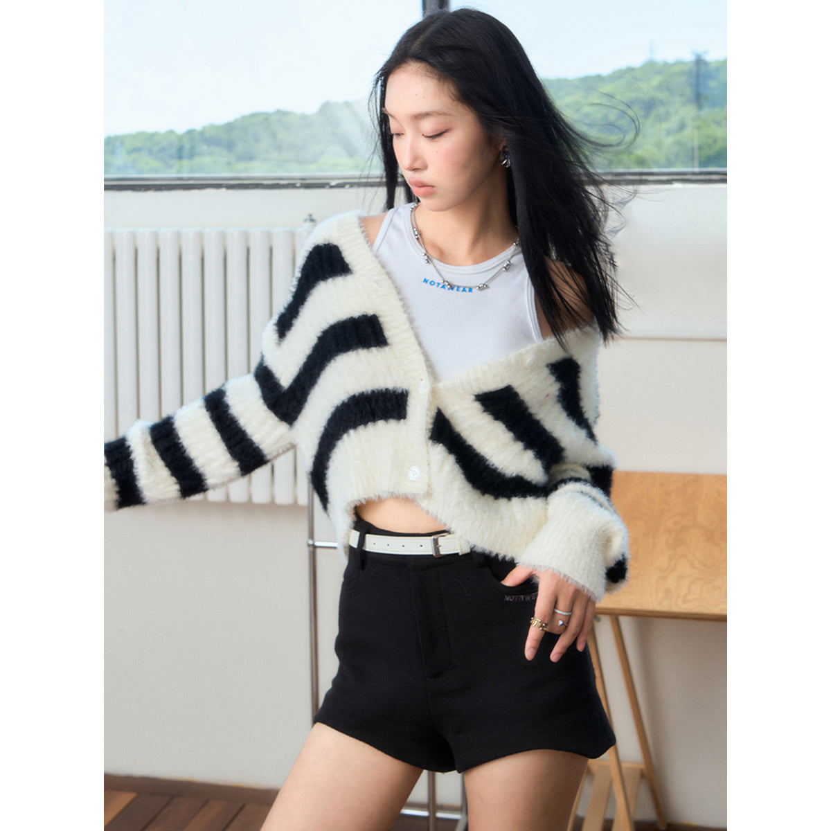 NotAwear Color Blocked Striped Knit Cardigan Black