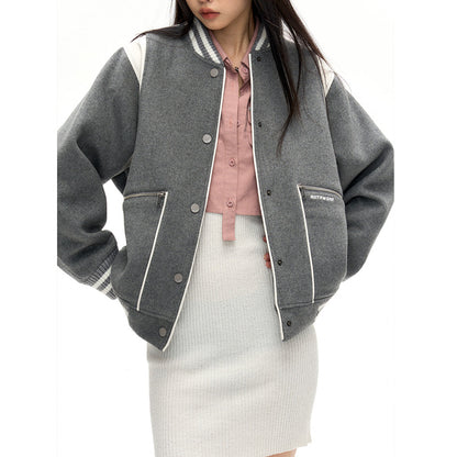 NotAwear Color Blocked Woolen Baseball Jacket Grey