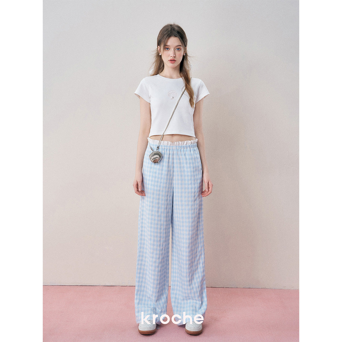 Kroche Color Blocked Lace Waist Plaid Pants